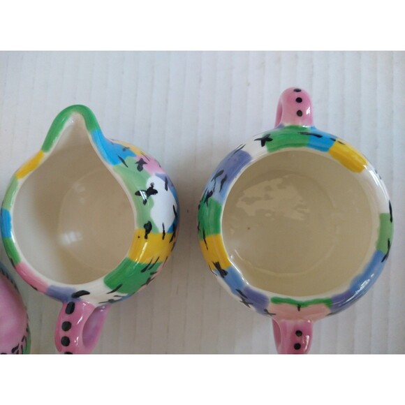 Vintage 2005 Hand Painted Signed Tea Set Pot Sugar Bowl Creamer patchwork - Picture 13 of 16